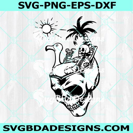 Tropical Skull SVG, Beach Skeleton SVG, Summer Chill Relax Flamingo Cocktail Svg, Digital Download