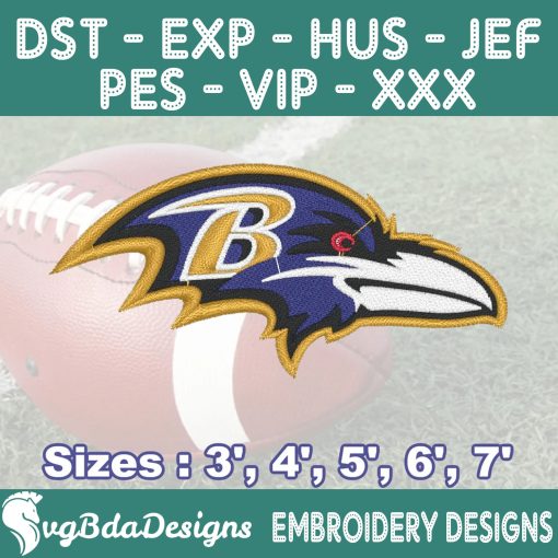 Baltimore Ravens Machine Embroidery Design, 5 Sizes Embroidery Machine Designs, NFL Embroidery, Football Embroidery Design Instant Download