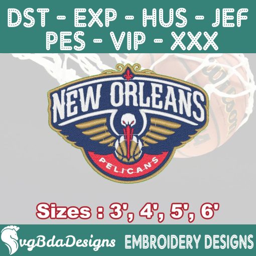 New Orleans Pelicans Machine Embroidery Design, 4 Sizes Embroidery Machine Designs, NBA Embroidery, Basketball Embroidery Design, Instant Download