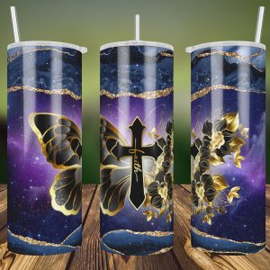 20oz Skinny Tumbler Faith Cross Gold Flower Butterfly Galaxy Agate PNG Sublimation Designs