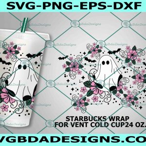 Floral Ghost No Hole svg, Full Wrap Starbucks Halloween Ghosts Cold Cup SVG, Ghosts svg, File For Cricut