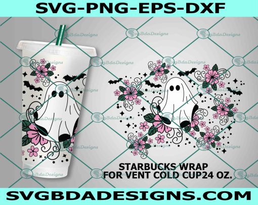 Floral Ghost No Hole svg, Full Wrap Starbucks Halloween Ghosts Cold Cup SVG, Ghosts svg, File For Cricut