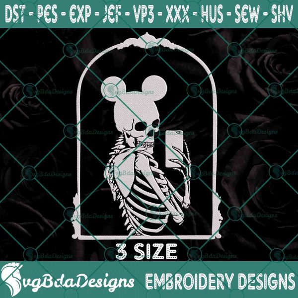 Mickey Skeleton Mirror Selfie Embroidery Designs, Mickey Skeleton Mirror Embroidery Designs, Halloween Embroidery Designs,  Skeleton Embroidery Design
