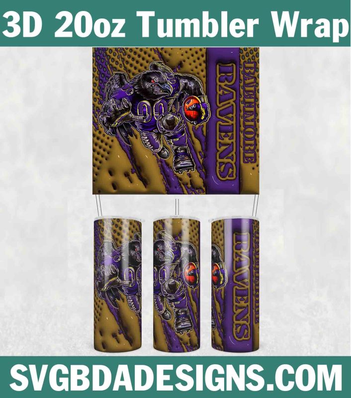 Baltimore Ravens 3D Inflated Tumbler Wrap, 20oz NFL 3D Tumbler, Ravens Mascot 3D Inflated PNG, 20oz NFL Tumbler Template, Sport Tumbler Wrap