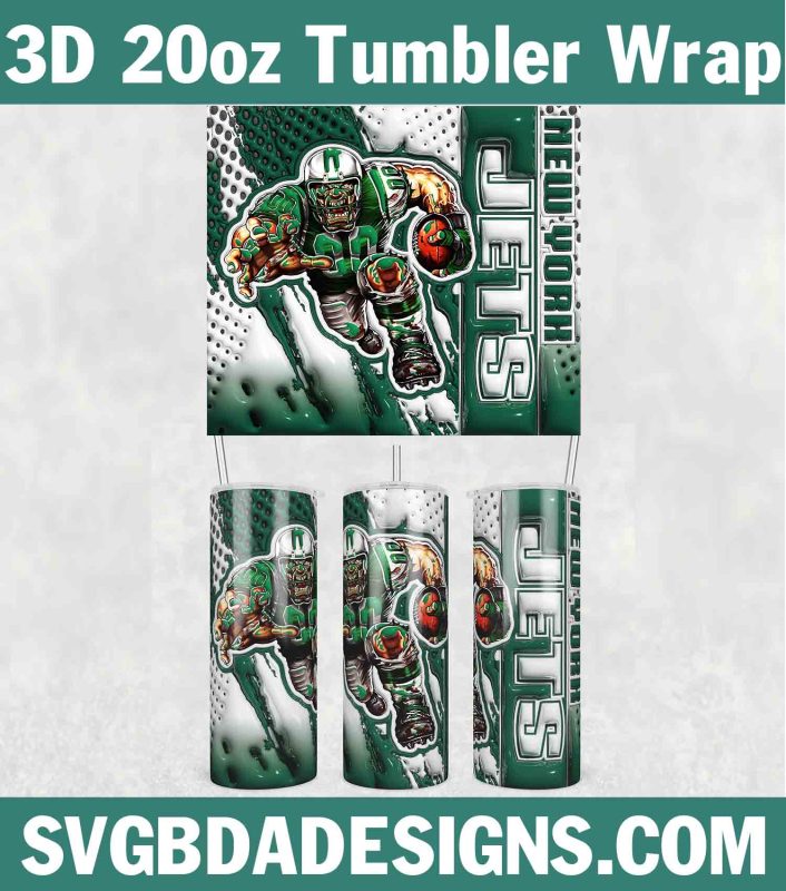 New York Jets 3D Inflated Tumbler Wrap, 20oz NFL 3D Tumbler, Jets Mascot 3D Inflated PNG, 20oz NFL Tumbler Template, Sport Tumbler Wrap