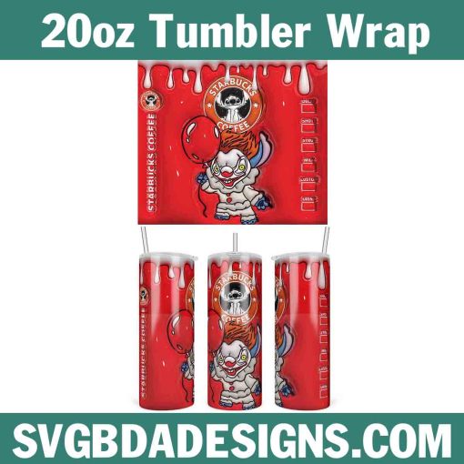 3D Inflated Starbucks Coffee Stitch Pennywise Tumbler Wrap PNG, Halloween 3D Tumbler Wrap, Starbucks Stitch Tumbler PNG