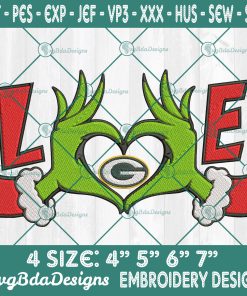 Grinch Hands Love Green Bay Packers Embroidery Designs, Green Bay Packers Football Embroidery