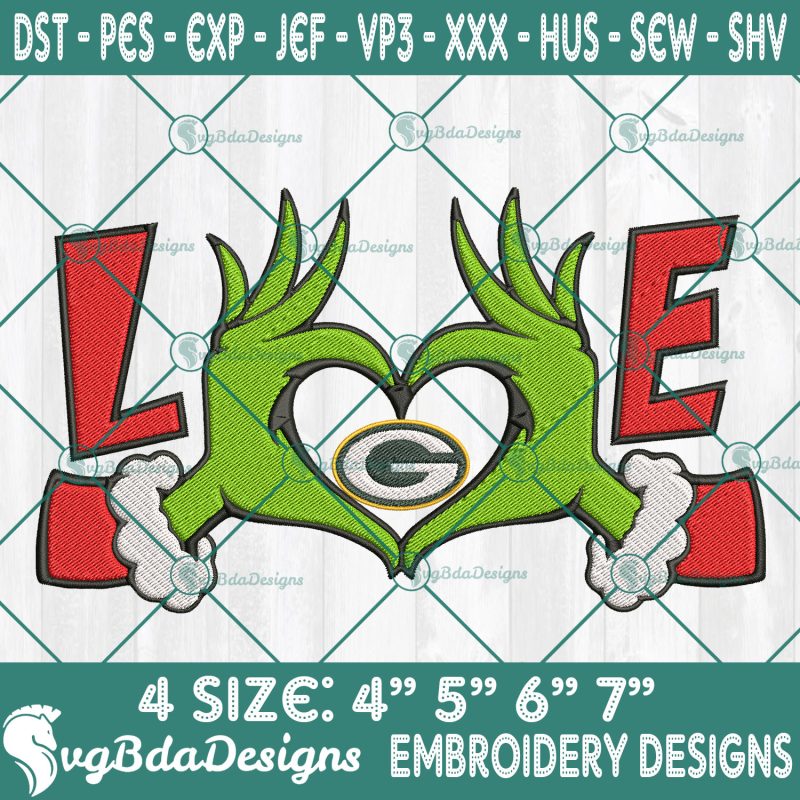 Grinch Hands Love Green Bay Packers Embroidery Designs, Green Bay Packers Football Embroidery, Grinch Christmas Embroidered, Football Team Embroidered, NFL Logo Embroidery